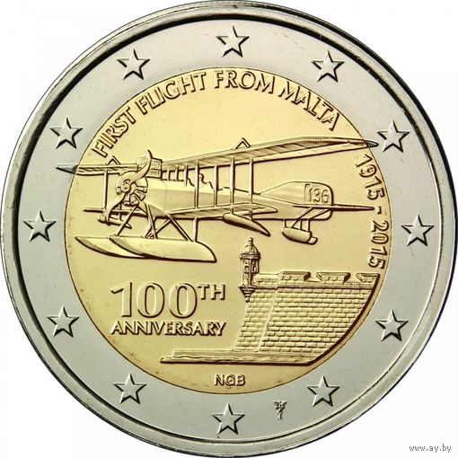 2 евро 2015 Мальта 100 лет Первому полету из Мальты UNC из ролла