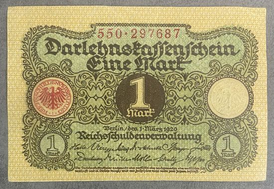 Банкнота 1 марка 1920 год. Веймарская республика.