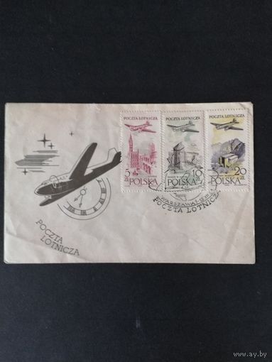 Польша 1958 КПД с неполной серией марок "Авиапочта. Самолет над городами и ландшафтами Польши" (спецгашение) Mi.1080-1082 каталог 8.50 евро