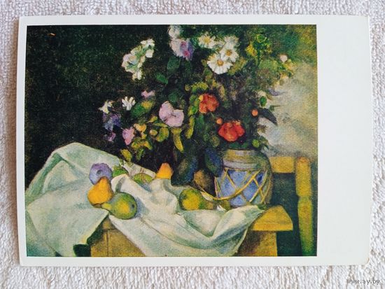 Сезанн. Натюрморт с цветами и фруктами