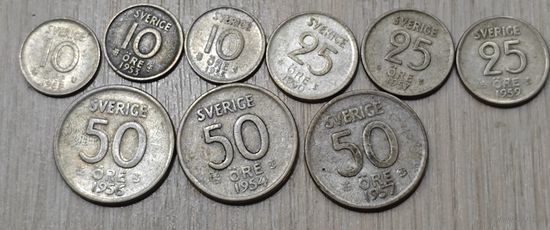 Шведские, разменные, серебряные монеты. 1950-ых. aUNC