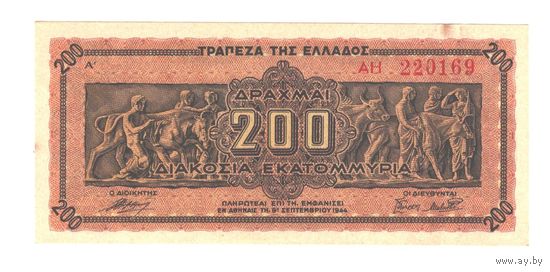 Греция 200 000 000 драхм 1944 года. Состояние aUNC!