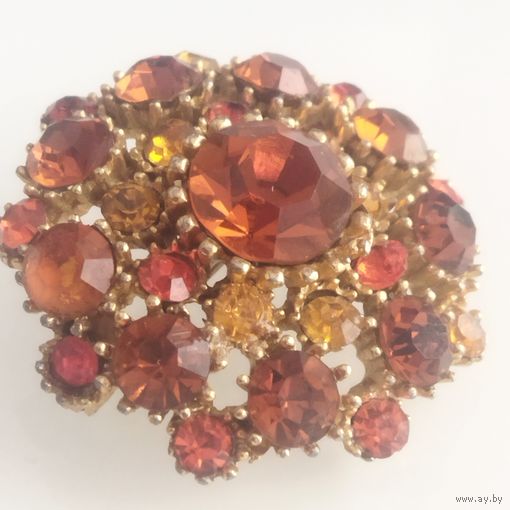Изящная винтажная брошь в янтарно- оранжевых тонах. Клеймо. Позолота. Литьё. 4х1,5 см
