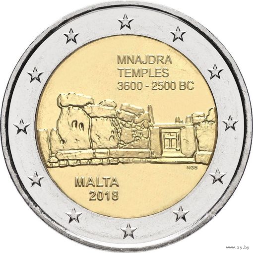 2 евро 2018 Мальта Храм Мнайдры UNC из ролла