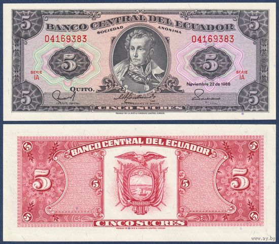 Эквадор, 5 сукре 1988 г., P-113d(1) (IA, правитель Антонио Хосе Сукре), UNC