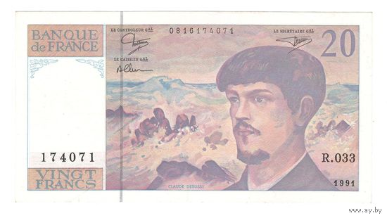 Франция 20 франков 1991 года. Тип P 151e. Подпись D. Bruneel, B. Dentaud and A. Charriau. Нечастая! Состояние XF+/aUNC!