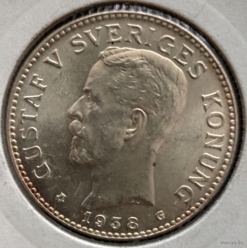 Швеция 1938 год. 2 кроны. Король Густав V (серебро). В отличном коллекционном состоянии!!!