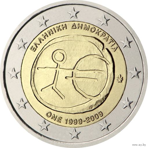 2 евро 2009 Греция 10 лет монетарной политики ЕС UNC из ролла