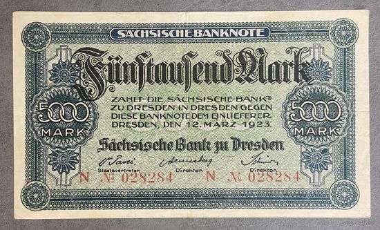 Банкнота 5000 марок 1923 год. Дрезден Веймарская республика.