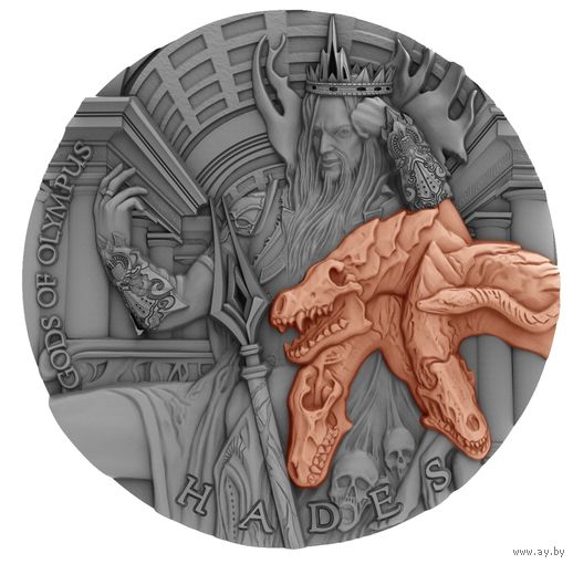 RARE Ниуэ 5 долларов 2018г. "Боги Олимпа: АИД". Монета в капсуле; деревянном подарочном футляре; сертификат; коробка. СЕРЕБРО 62,20гр.(2 oz).