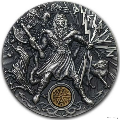 RARE Ниуэ 2 доллара 2018г. "Славянские боги: Перун". Монета в капсуле; деревянном подарочном футляре; сертификат; коробка. СЕРЕБРО 62,20гр.(2 oz).