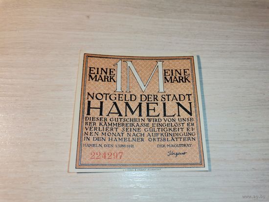 Нотгельд номиналом 1 марка , 1921 года, город Хамельн, Германия.