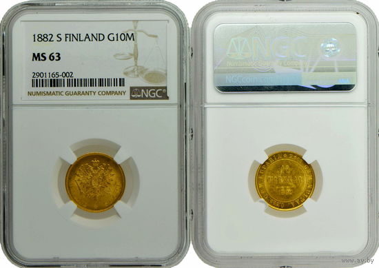 Для Финляндии. 10 марок 1882 г. S. NGC MS 63. Золото. Биткин# 229.