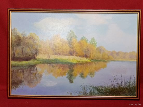 Картина "Речной лесной пейзаж", 61х43, фанера, вроде масло
