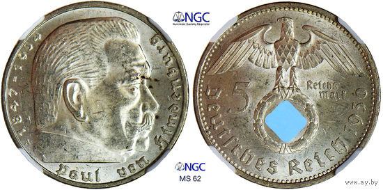 5 рейхсмарок 1936 г. А. ПАУЛЬ ГИНДЕНБУРГ. Германия. NGC MS 62. Серебро. КМ# 94