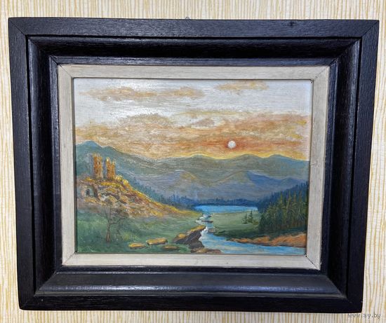 Старая картина Замок над озером