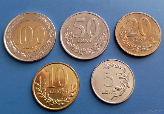 Албания. Набор 5 монет. 100 леков 2023, 50 леков 2020,  20 леков 2020, 10 леков 2023, 5 леков 2020. aUNC