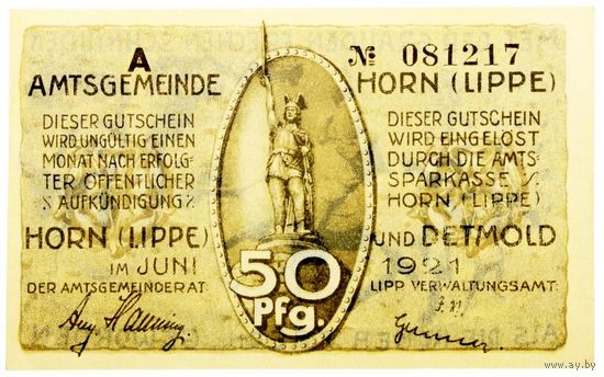 РАСПРОДАЖА!!! - ГЕРМАНИЯ ХОРН (ЛИППЕ-ДЕТМОЛЬД) 50 пфеннигов 1921 год - UNC!