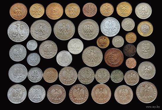 45 МОНЕТ ПОЛЬШИ БЕЗ ПОВТОРОВ (1812-2007 г.г.)С СЕРЕБРОМ (ГЕРЦОГСТВО ВАРШАВСКОЕ 10 грошей 1812 И 2 ZL 1934 г.г. )