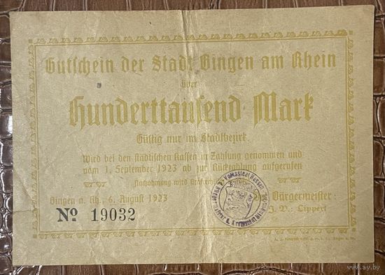 Банкнота 100000 марок 1923 год. Бинген-на-Рейне. Веймарская республика