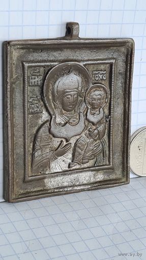 С 1 РУБЛЯ ! ИКОНА ОБРАЗОК КАЗАНСКАЯ БОГОРОДИЦА С ЦАТОЙ ПЛАСТИКА МЕДНЫЙ СПЛАВ   18  -19 век