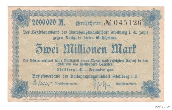 Германия Штольберг 2 000 000 марок 1923 года. Состояние VF+!