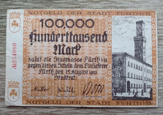 Werty71 Германия 100000 марок 1923 банкнота Фюрт