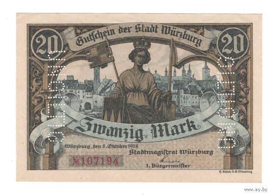 Германия Меерсбург 20 марок 1918 года. Состояние UNC!