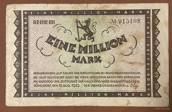Банкнота 1 миллион марок 1923 год. Дюссельдорф. Веймарская республика.