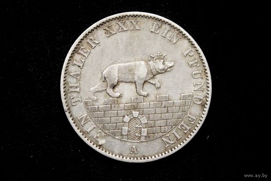 Талер 1862 г. Ангальт-Бернбург (Германия), Александр Карл. "Горный талер". Штемпельный блеск, кабинетная патина!