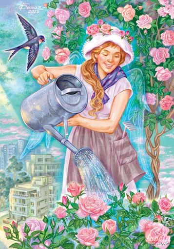 Открытка. Лето. В саду. Цветы. Лейка. Садовница. Птицы. Цветы. Розы. Художник Т.Сытая (чистая)