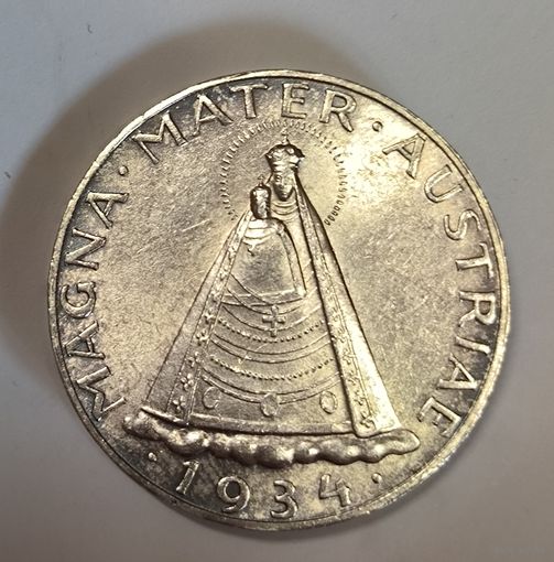 С 1р! 5 шиллингов 1934 Мадонна Австрия штемпельное серебро! нечастая!