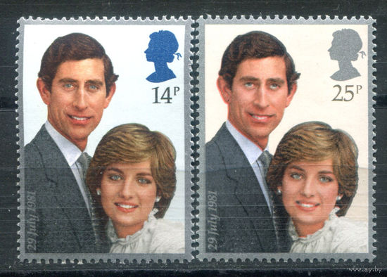 Великобритания - 1981г. - свадьба принца Чарльза и леди Дианы Спенсер - 2 марки - полная серия, MNH [Mi 884-885]. #3-GB-Z-1-10