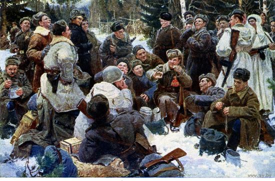 Открытка, Почтовые карточка , 1952. Ю. Непринцев "Отдых после боя"