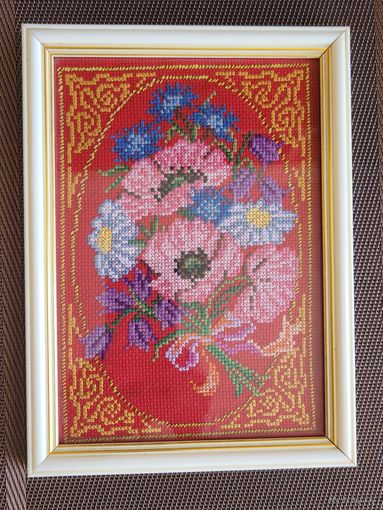 Панно "Букет", ручная вышивка крестом, в рамке.