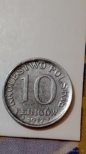 Польша 10 фенигов 1917  редкая надпись касается бортика