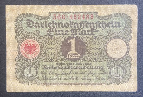 Банкнота 1 марка 1920 год. Веймарская республика.