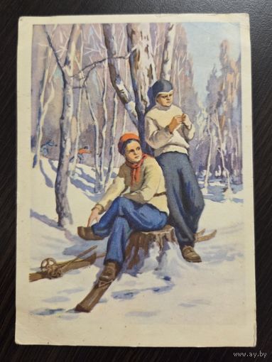 Тишкин На прогулке 1955 подписанная открытка СССР