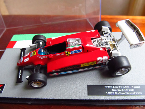 Модель автомобиля 1-43 Фомула 1 Formula 1 F1 Ferrari 126 C2 1982 Mario Andretti 1982 Italian Grand Prix В комплекте модель, бокс, журнал Состояние модель как новая журнал отличное