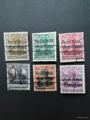 Польша 1918 Неполная серия марок с надпечаткой "Poczta Polska" на марках Германии выпуска 1914/1918 года (гашеные с наклейками) Mi.6-9,11,13 тип II каталог 19.10 евро