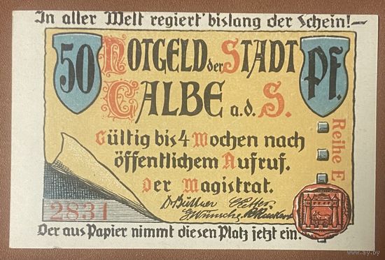 Нотгельд 50 пфеннигов 1922 год. Кальбе. Веймарская республика