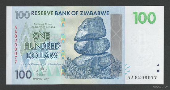 Зимбабве 100 долларов 2007 года. Тип Р-69. Состояние UNC
