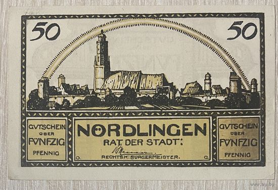 Пфенниги Нотгельд Нёрдлинген, 50 пфеннигов, 1921 год Веймарская республика.