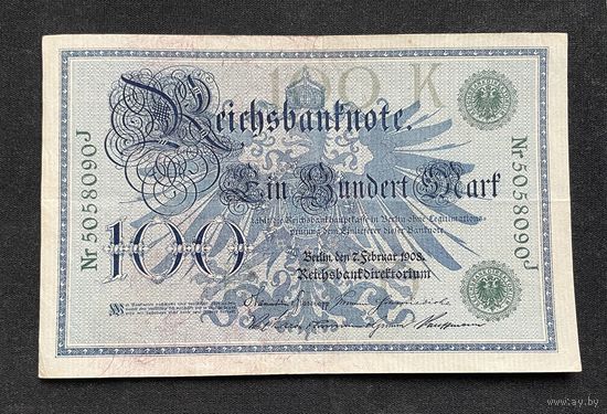 100 марок 1908 год / Германская империя банкнота тип 1883 года Blauer Hunderter / номер семь знаков, зелёная печать (2)