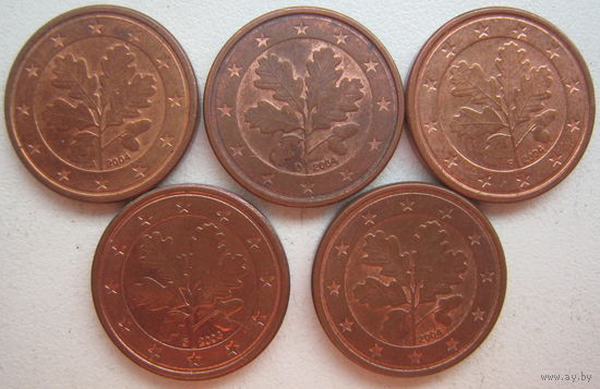 Германия 1 евроцент 2004 г. (A) (D) (F) (G) (J). Цена за 1 шт.