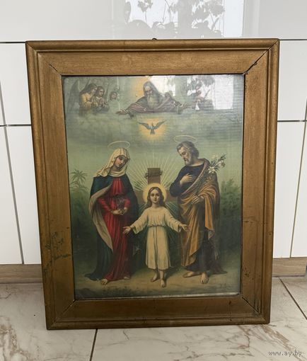 Большая старинная литография Святое Семейство в раме