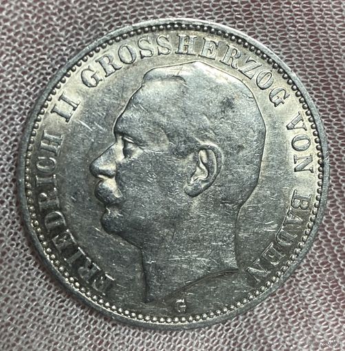Монета 3 марки 1909 год. Баден. Германская империя.