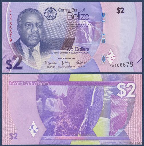 Белиз, 2 доллара 2025 г., P-W73 (FA, политик Филип Голдсон), UNC