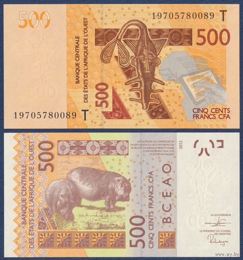 Западная Африка, 500 франков 2019 г, P-819T (T - Того, гиря для взвешивания золота, гиппопотамы), UNC