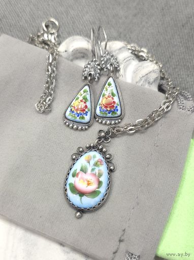 Комплект серьги, кольцо, кулон скань, финифть, винтаж, СССР, мельхиор